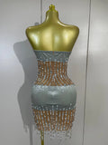 Sexy Strapless Rhinestone Pearl Chain Mesh Mini Dress Women Luxury Birthday Party Nightclub Celebrity Stage Performance Outfit