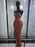 Brown Color Women Sexy Strapless Shining Diamond Keyholes Bodycon Mid-calf Bandage Dress Nightclub Party Celebrate Birthday Wear