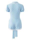 Elegant Sweet Blue Polka Dot Playsuit for Women Puff Sleeve Cutout Design Lace Trim Slimming Playsuits for Vacation