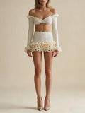 White Spliced Fungus Two Piece Set Female V Neck Long Sleeve Vest Beach Vacation Women's Skirt Sets Summer Fashion