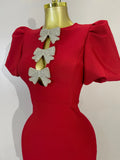 Shiny Bow Sexy Cut Out Short Sleeve Red Bodycon Bandage Long Dress Women Evening Party Celebrate Birthday Knitted Club Prom Gown