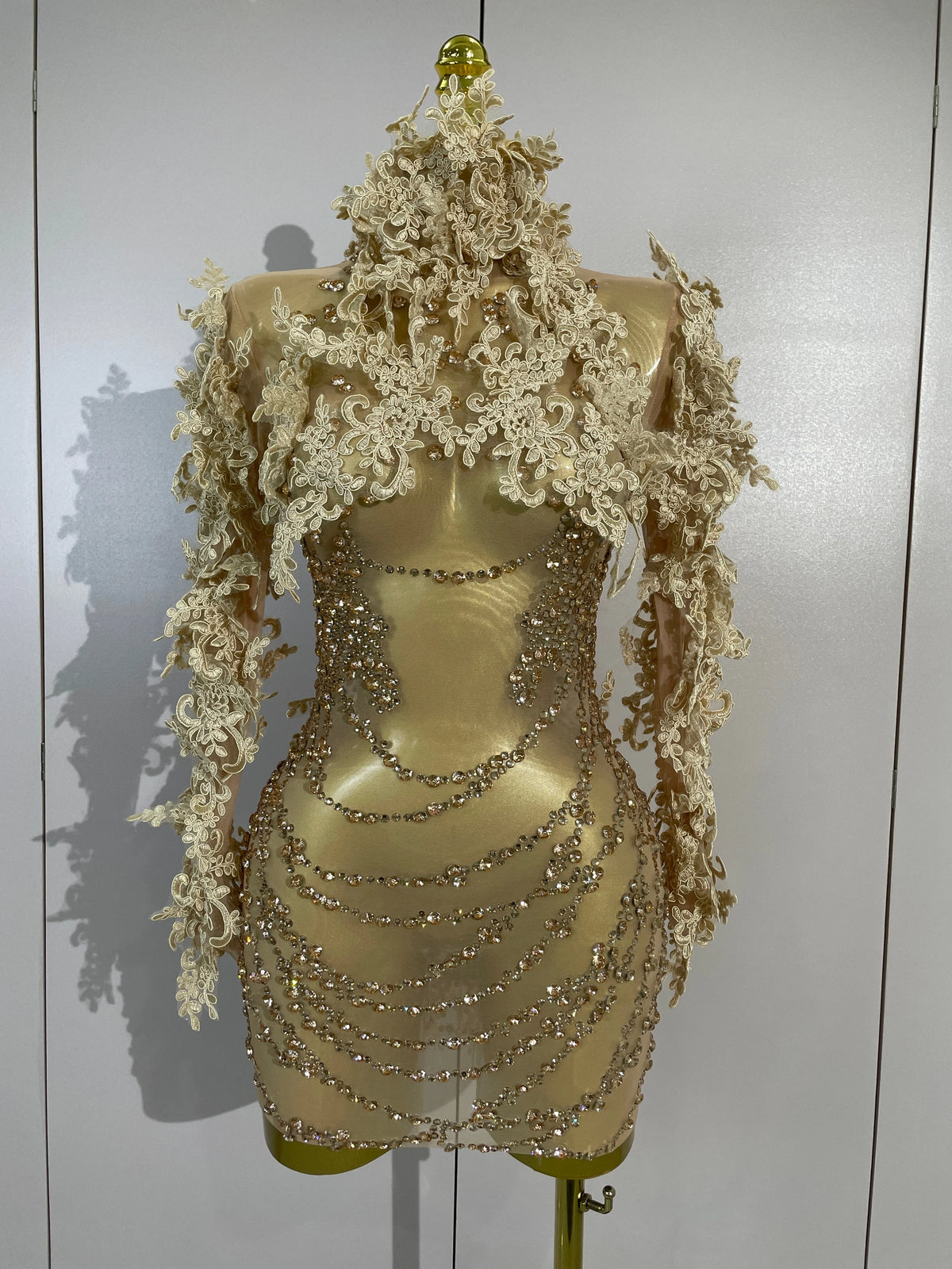 Sexy Embroidery Sequins Sparkly Diamonds Long Sleeves Mesh Mini Dress Birthday Evening Party PhotoShoot Nightclub Stage Costume
