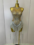 Sliver Sequins Shining Diamonds Sexy Mesh Long Tassel Bodysuit Women Nightclub Party Birthday Stage Performance Costume