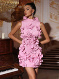 Spliced Appliques Elegant Dresses For Women Stand Collar Sleeveless High Waist Patchwork Zipper Mini Dress Female