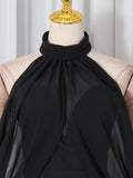 Award Ceremonies Black Halter Maxi Gown for Women Deep V Neck Sheer Cape Sleeves Backless Chiffon Skirts for Formal Galas
