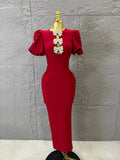 High Quality Red Bodycon Dress with Crystal Bow Cutout and Puff Sleeves Versatile for Celebrations and Gatherings