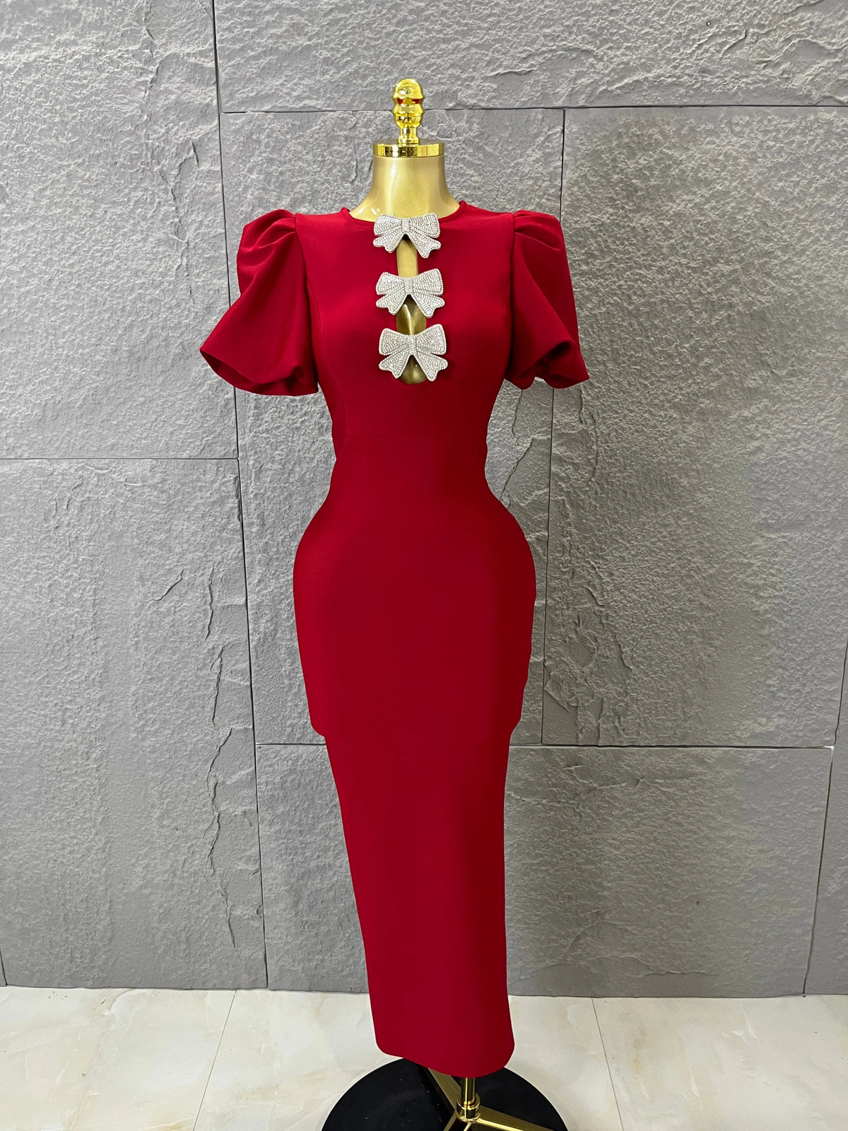 High Quality Red Bodycon Dress with Crystal Bow Cutout and Puff Sleeves Versatile for Celebrations and Gatherings