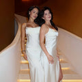 Elegant Satin Lace Long Dresses Women's Slip Backless Bandage High Slit Prom Maxi Dress Evening Party Night Out White Black