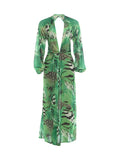 Tiger Stripe Print Long Dress Woman Autumn Trend Deep V-Neck Backless Lantern Sleeve Beach Party Elegant Vestidos
