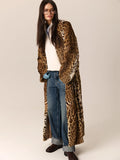 Leopard Print Faux Fur Long Coat Women Plush Belted Waist V Neck Loose Fit Thick Maxi Coats Warm Winter Elegant Luxury Outerwear