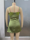 Women Chic Lime Green Satin Slip Skirt Sexy Sequin Fringe Bust Spaghetti Strap Bodycon Mini Dress Summer Party Vacation Wear New