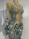 Luxury Silver Sparkly Diamonds Sequins Birthday Evening Party Nightclub Stage Wear Sexy Mesh See Through Long Sleeves Long Dress