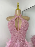 Women Sexy Halter Beading Feather Tight Bodysuit Nightclub Performance Leotard Luxury Party Celebrate Stage Wear