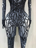 Women Sexy Black Rhinestone Stretch Bodycon Jumpsuit Club Evening Party Birthday Wear Singer Dancer Stage Perform Costume