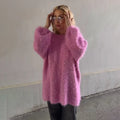 Fuzzy Sequin Zipper Women Cardigan Stand Collar Long Sleeve Loose Knitted Jacket Oversized Sequined Furry Knit Casual Winter Top