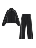 White Stripe 2 Piece Tracksuit Women Stand Collar Zip Jacket And Elastic Waist Wide Leg Pants Set Sporty Casual Matching Outfit