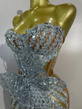 Women Sexy Strapless Mesh See Through Eveing Birthday Party Nightclub Stage Wear Sparkly Butterfly Rhinestone Sequins Mini Dres