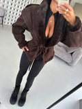 Women Brown Faux Fur Trim Suede Jacket Tie Belt Lapel Collar Long Sleeve Casual Chic Fall Winter Lady Commute Warm Outerwear New
