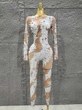 Luxurious Women Sexy Long Sleeve Shinning Rhinestones Bodycon Jumpsuit Celebrate Nightclub Party Performance Costume