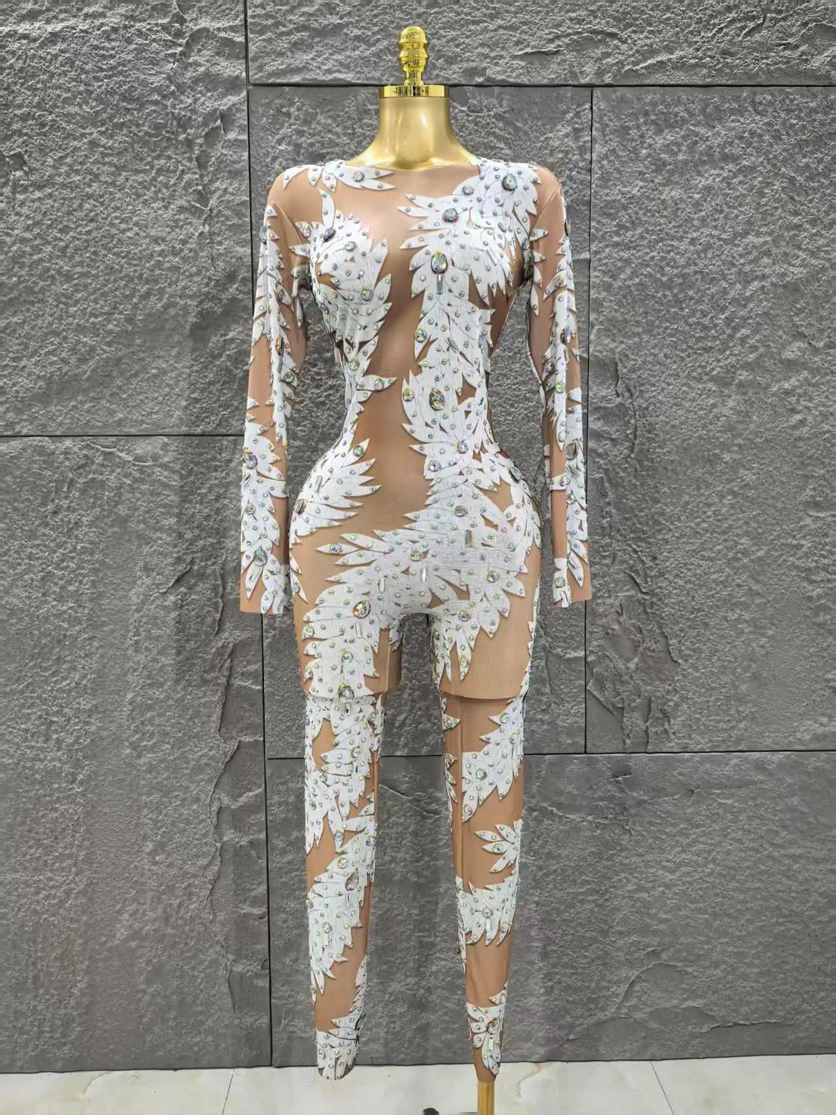 Luxurious Women Sexy Long Sleeve Shinning Rhinestones Bodycon Jumpsuit Celebrate Nightclub Party Performance Costume