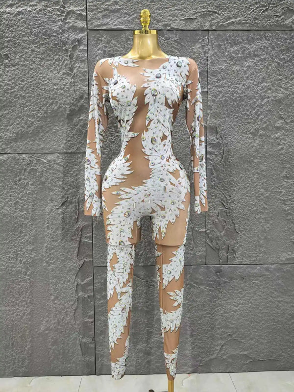 Luxurious Women Sexy Long Sleeve Shinning Rhinestones Bodycon Jumpsuit Celebrate Nightclub Party Performance Costume