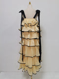 Hit Color Ruffles Cake Maxi Dress for Women Square Collar Off The Shoulder Spliced Bow Evening Temperament Dresses Female