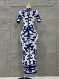 Sexy Short Sleeve Jacquard Blue Bandage Bodycon Long Dress Women Celebrity Elegant Evening Club Party