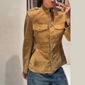 Vintage Waist Cinched Women's Suede Jacket Stand Collar Long Sleeve Single Breasted MilitaryJackets 2026 Autumn Lady Chic Coats