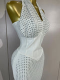 Elegant Evening Party Prom Gown Birthday Dress Women Shining Rhinestones Sexy White/Pink Mesh Halter Bodycon Long Bandage Dress