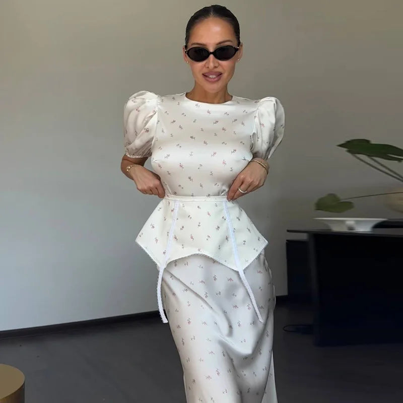 Elegant Women's Printed Waistband Long Dress 3D Flower V-neck Bubble Sleeve Patchwork A-line Dresses 2026 Spring Party Robe