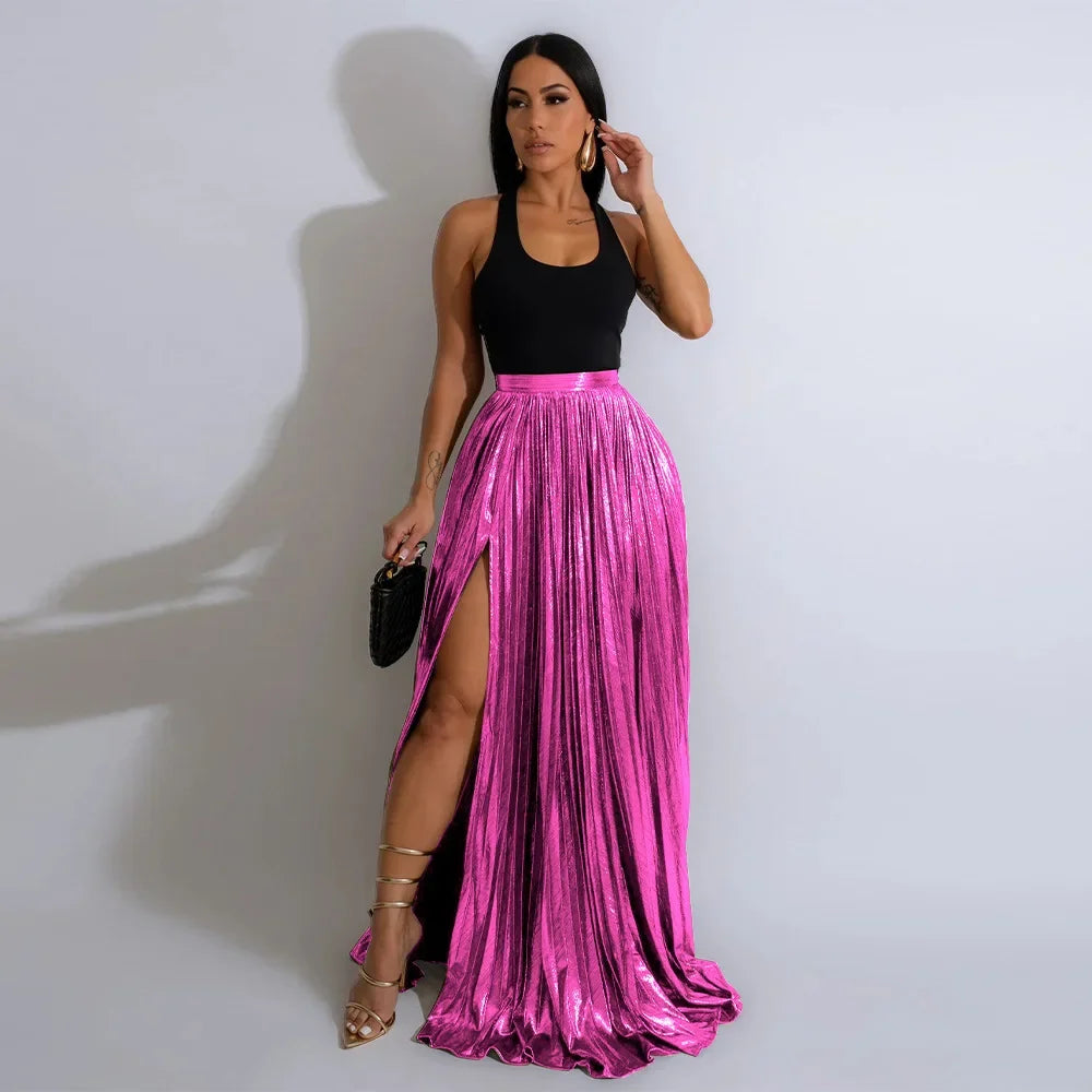 Women Fashion  Spring High Side Split Big Swing Pleated Floor Length Skirt High Waist Street Party Long Maxi Skirts