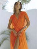 Beach Vacation Dress Women See Through Sleeveless V-Neck Sexy Solid Split Midnight Party Club Long Irregular Bodycon