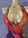 Sophisticated Rainbow Floral Mesh Halter Maxi Dress Rhinestones Bodycon Evening Gala Prom Special Occasions Costume