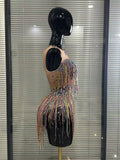 Colorful Tassels Women Sexy High Stretch Bodycon Bodysuit Vening Dress Night Club Dancer Performance Costume