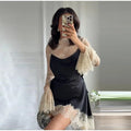 Elegant Lace Patchwork Satin Mini Dress Women High Collar Flare Sleeve See Through Party Dresses Autumn Lady Evening Robes