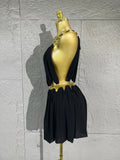 Lady's Sexiness Gold Metal Ring Decor Chiffon Cutout WaistMini Dress Suitable Women Cocktail Dinner Party Performance Outfit