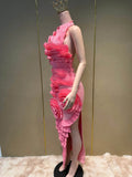 Elegant 3D Flower Applique Halter Maxi Dress Sexy Off Shoulder Backless Ruffled Bodycon Bandage Celebrity Evening Party Gowns