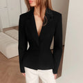 Commuting Slimming Blazer for Women Lapel Long Sleeve Spliced Button Casual Fashion Coat with Shoulders Pad Female