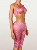 Wild Vacation 2 Piece Set Women Polka Dot Print Halter Tank Tops+Bike Shorts Stretch Matching Street Party Outfits