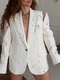 Ink Splashing Print Fashion Blazer for Women Notched Collar Long Sleeve Hollow Out Design Loose Coat Female Autumn