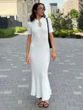 Short Sleeve Knitted Long Dress Female Slim Hollow Retro Elegant Sweater Dress 2025 Summer New High Waist Women‘s Dress