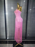 4 Colors Women Sexy Strap Shining Beading Long Tassles Bodycon Long Bandage Dress Elegant Evening Party Celebrate Birthday Wear