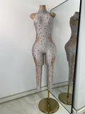 Women Sexy Spandex Rhinestones Sleeveless Tight Jumpsuit Celebrate Birthday Evening Club Rompers Photo Shoot Wear