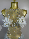 Women Sexy Mesh See Through Performance Leotard Dance Singer Show Stage Wear Luxury Sparkly Rhinestone Flower Tassels Bodysuit