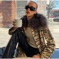 Women Vintage Tiger Print Long Coat Large Fluffy Fur Collar Waist Tie Belted Wrap Coat 2026 Winter Fashion Elegant Outerwear
