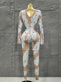 Luxurious Women Sexy Long Sleeve Shinning Rhinestones Bodycon Jumpsuit Celebrate Nightclub Party Performance Costume
