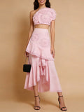 Elegant Pink Two Piece Set for Women Lace Trim Tube Top Asymmetrical Tiered Ruffles Midi Skirt Outfits for Beach Getaways