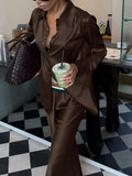 Brown Spliced Folds Two Piece Set Female Lapel Long Sleeve Shirt Vintage Commute Women's Trousers Sets Fashion New