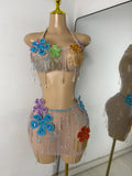 Women Glitter Crop Top Floral Mesh See Through Sets Nightclub Performance Outfit Two Pieces Party Birthday Clothing