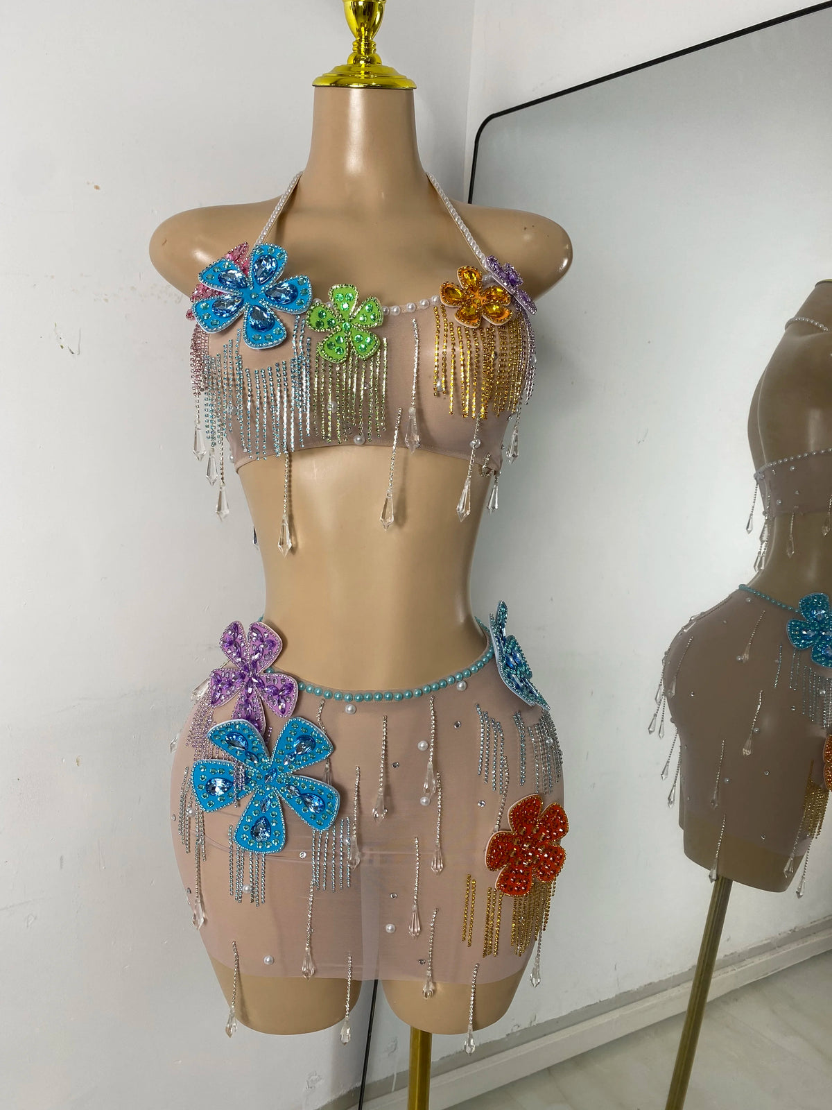 Women Glitter Crop Top Floral Mesh See Through Sets Nightclub Performance Outfit Two Pieces Party Birthday Clothing